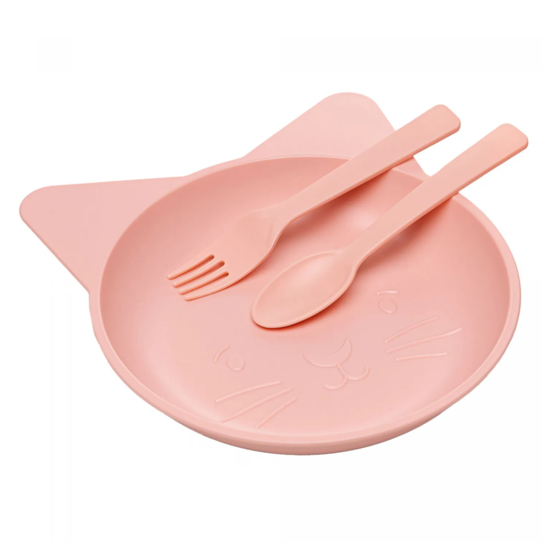 Conjunto Alimentação Baby Rosa Gato Prato Copo Talheres