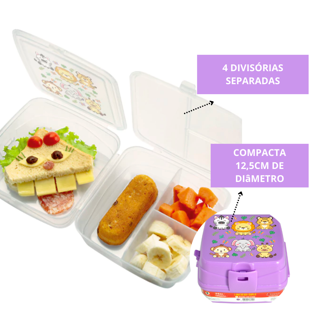 Lancheira Dupla Pote Divisórias Travas Lanche Safari Lilás