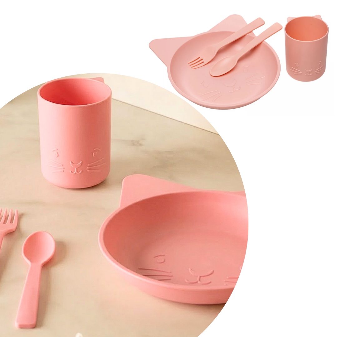 Conjunto Alimentação Baby Rosa Gato Prato Copo Talheres