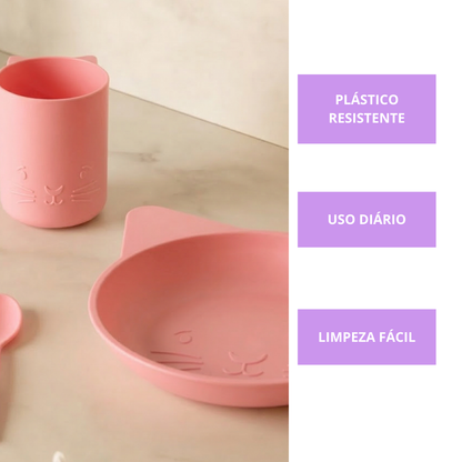 Conjunto Alimentação Baby Rosa Gato Prato Copo Talheres
