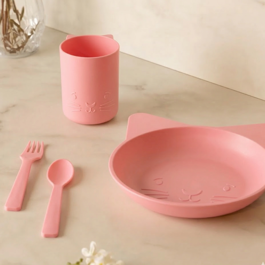 Conjunto Alimentação Baby Rosa Gato Prato Copo Talheres