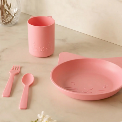 Conjunto Alimentação Baby Rosa Gato Prato Copo Talheres