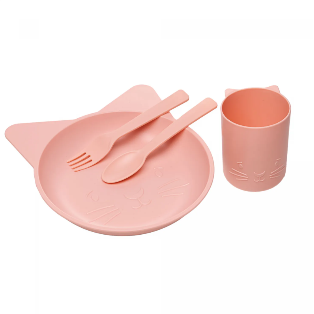 Conjunto Alimentação Baby Rosa Gato Prato Copo Talheres
