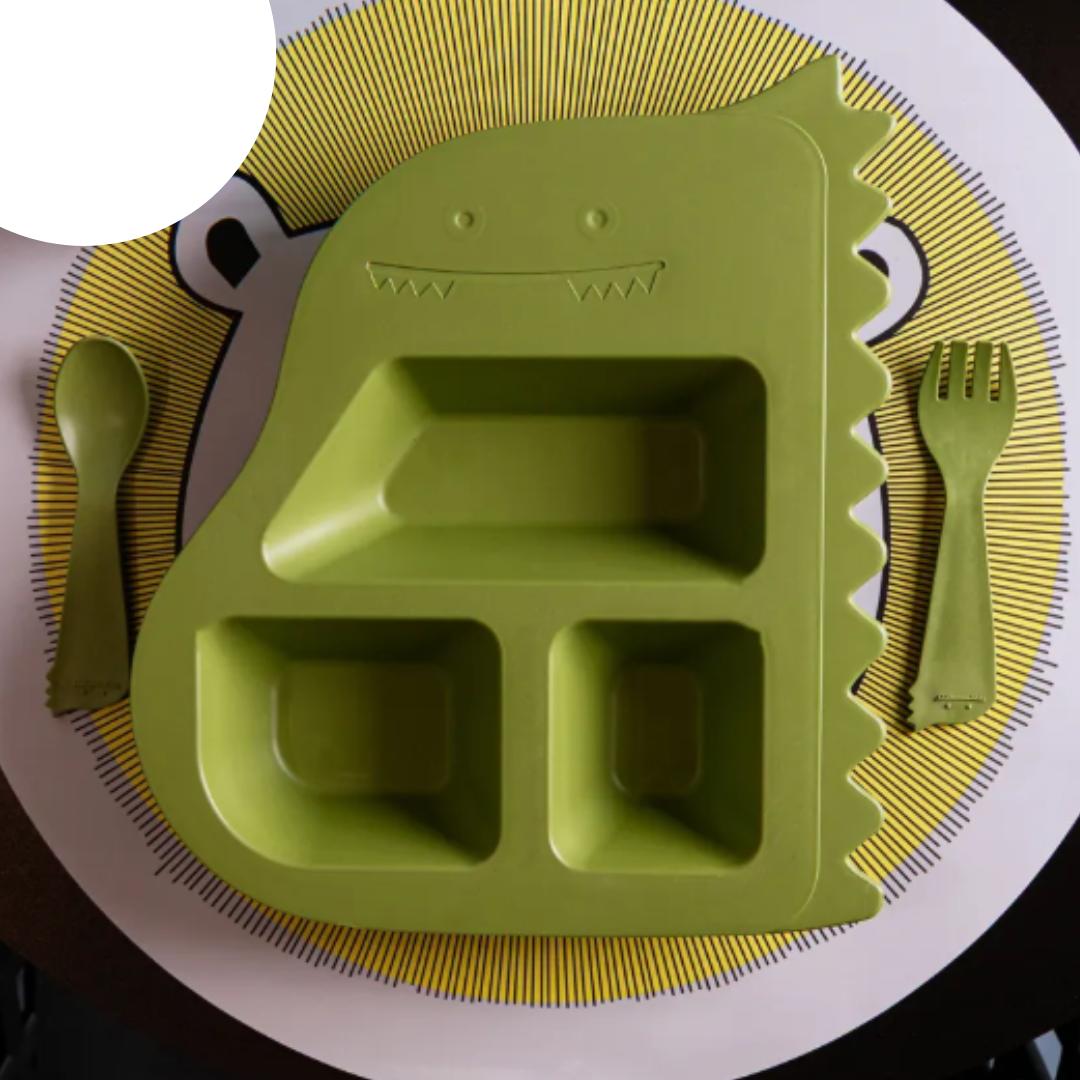 Prato E Talheres Baby Dino Verde Conjunto Alimentação Pp
