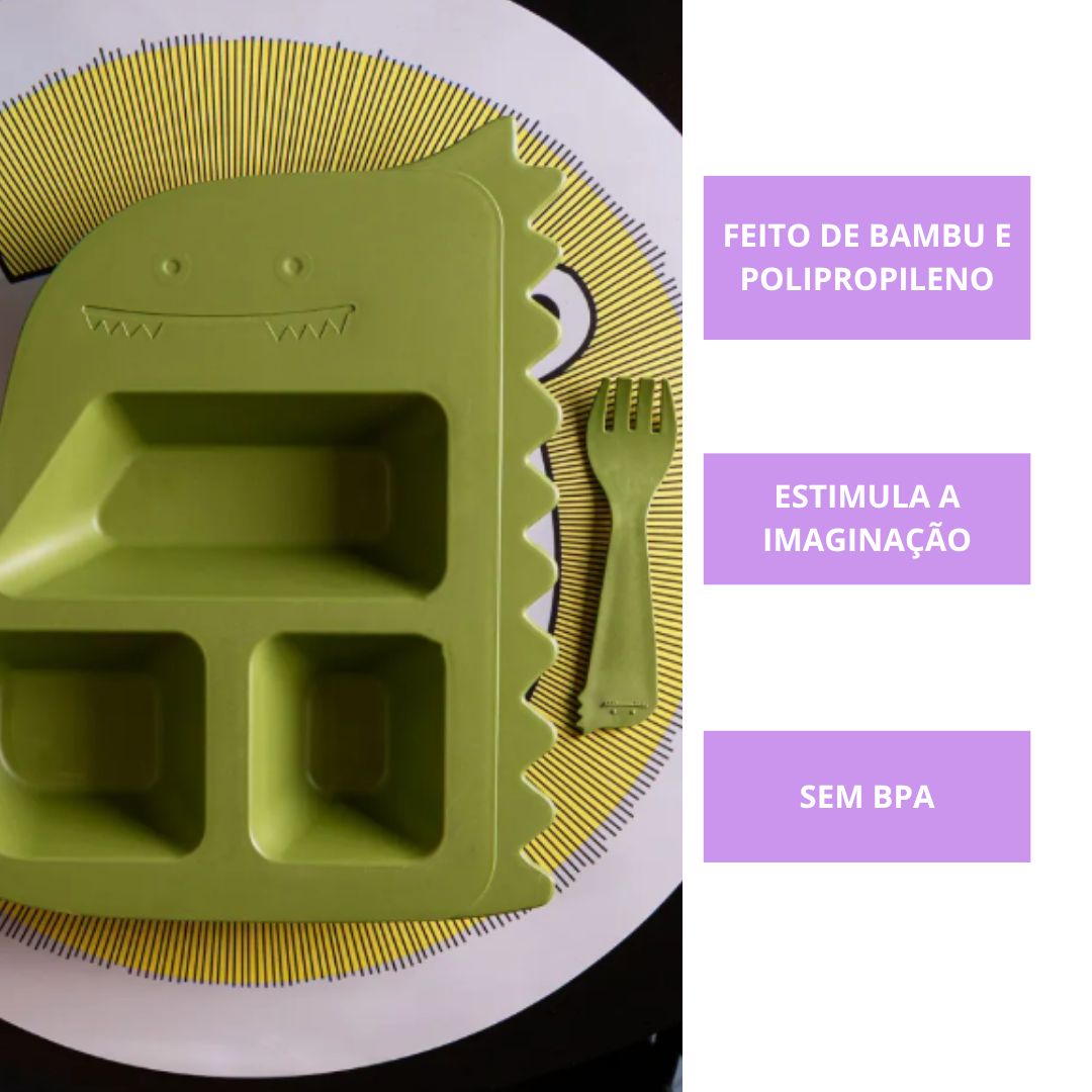 Prato E Talheres Baby Dino Verde Conjunto Alimentação Pp
