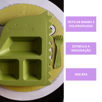Prato E Talheres Baby Dino Verde Conjunto Alimentação Pp