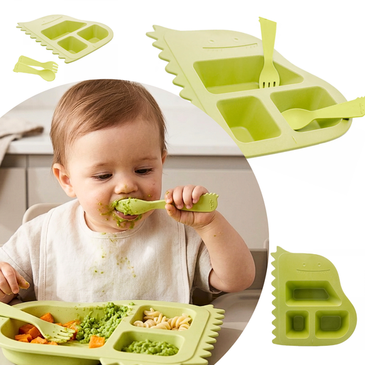 Prato E Talheres Baby Dino Verde Conjunto Alimentação Pp