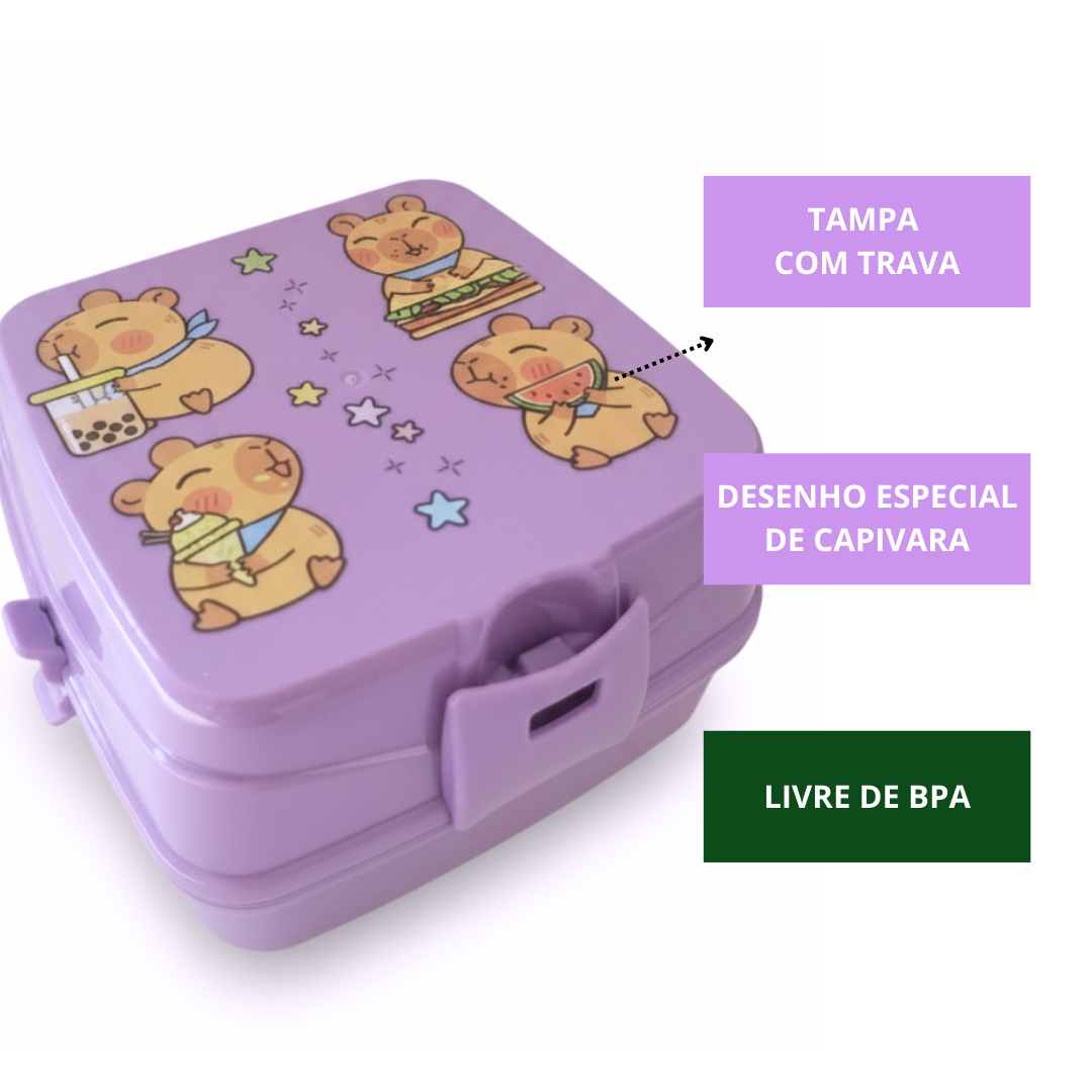 Lancheira Dupla Pote Divisórias Travas Lanche Capivara Lilás