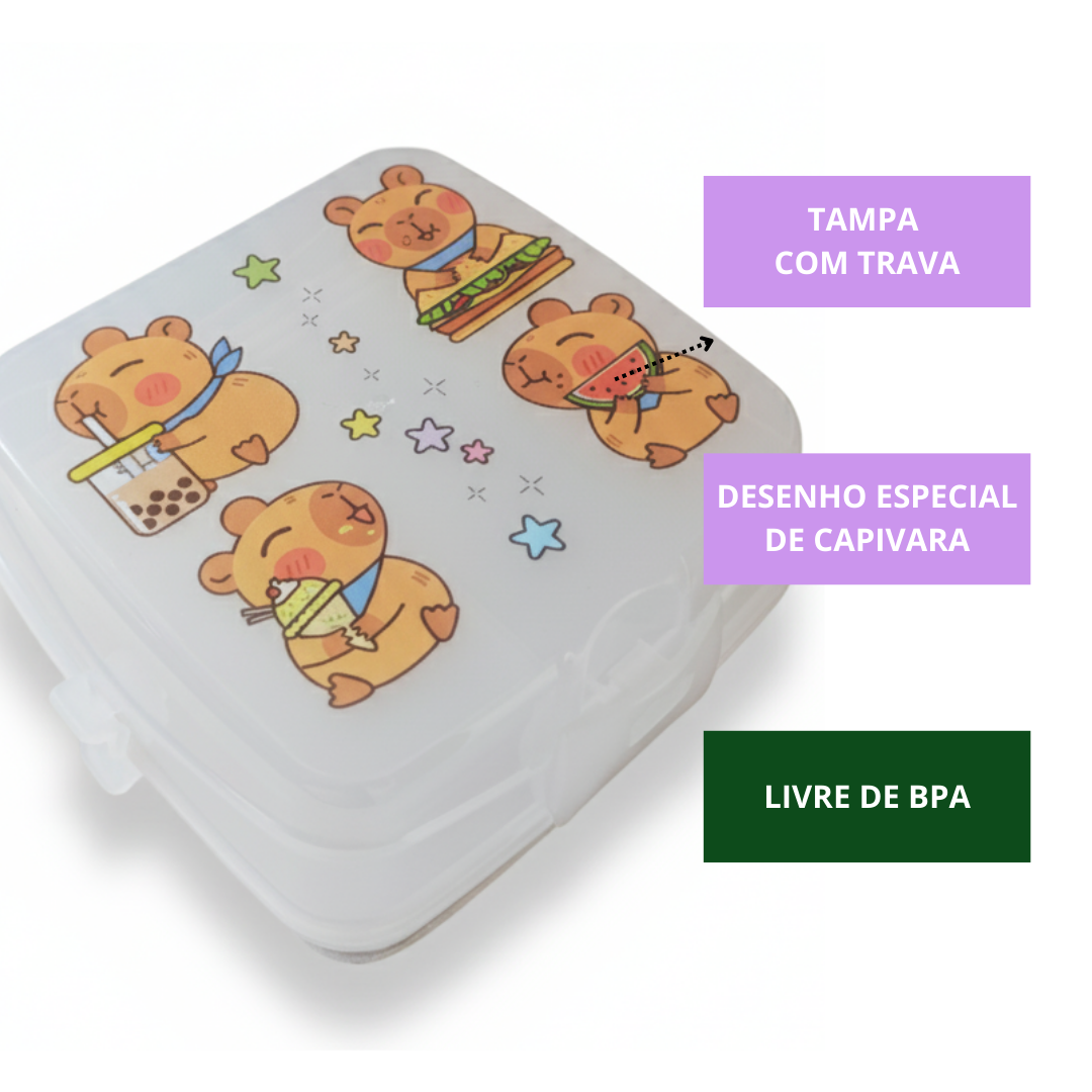 Lancheira Dupla Pote Divisórias Travas Lanche Capivara Translúcida