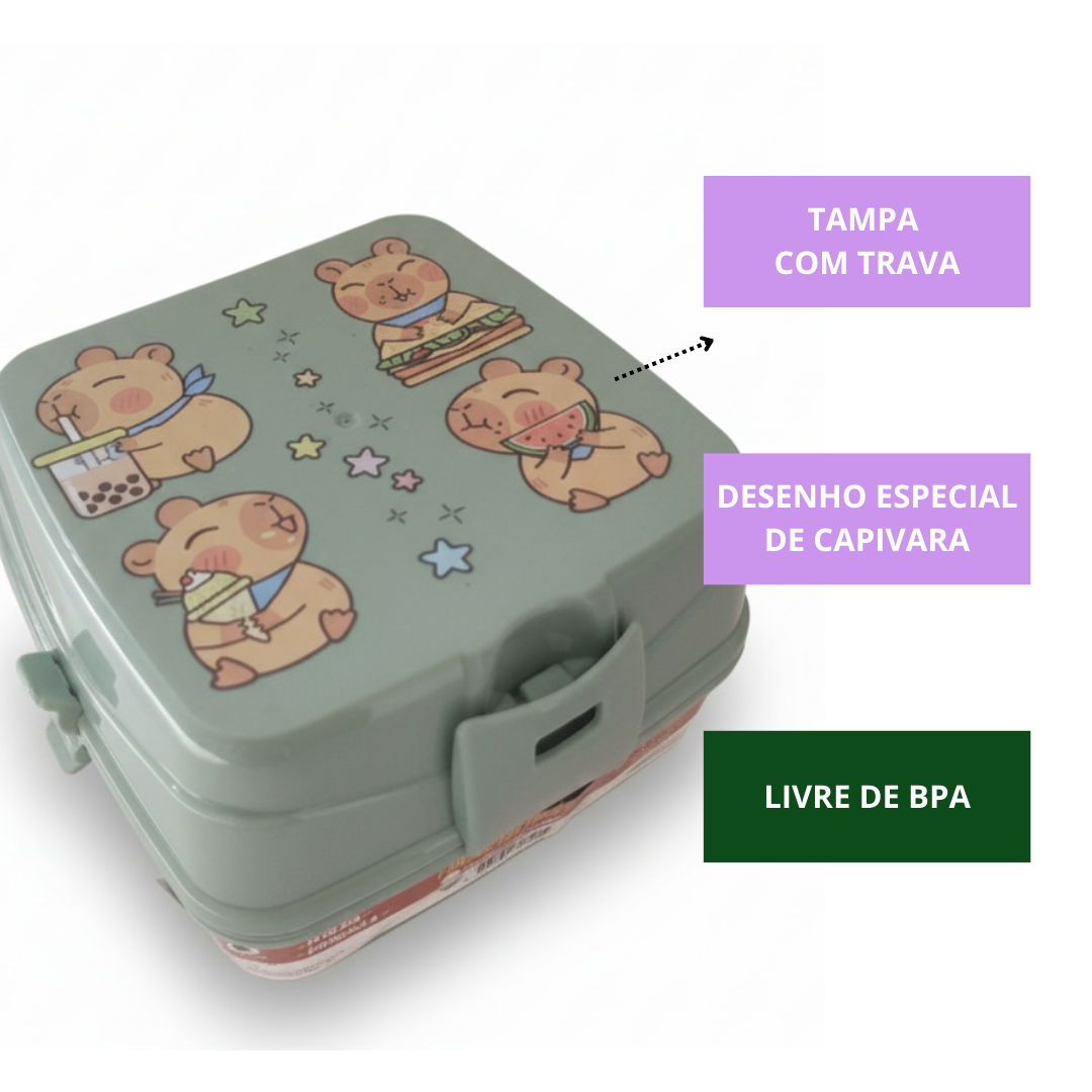 Lancheira Dupla Pote Divisórias Travas Lanche Capivara Verde