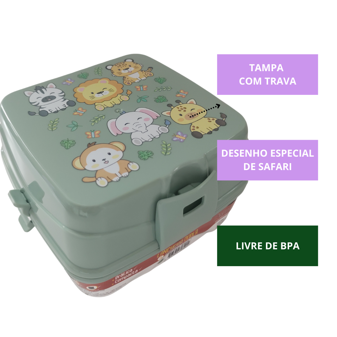 Lancheira Dupla Pote Divisórias Travas Lanche Safari Verde