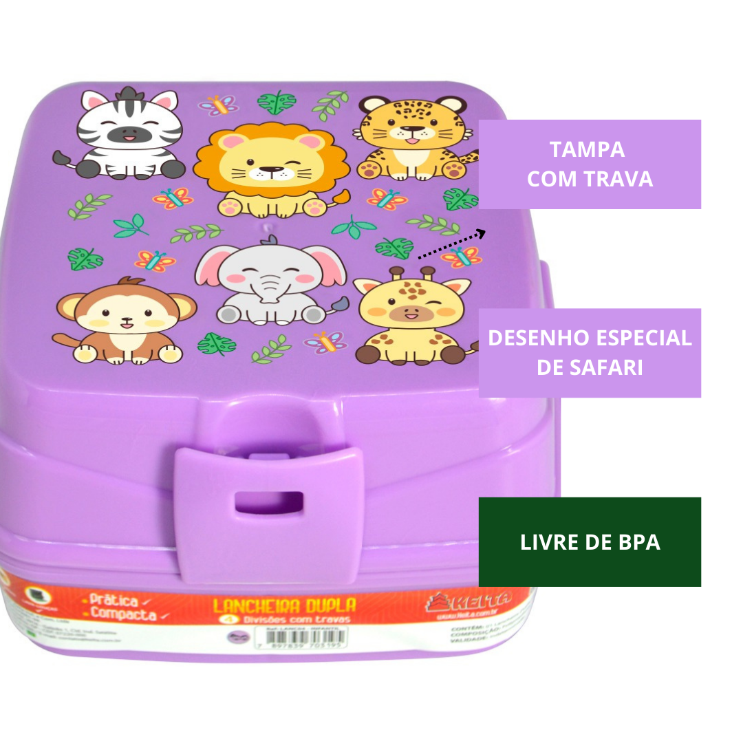 Lancheira Dupla Pote Divisórias Travas Lanche Safari Lilás